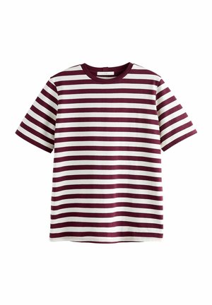 Bordeaux-rote und weiße, gestreifte kurzärmlige T-Shirt mit Rundhalsausschnitt, das gleichmäßige horizontale Streifen und eine weiche Baumwollstruktur aufweist.