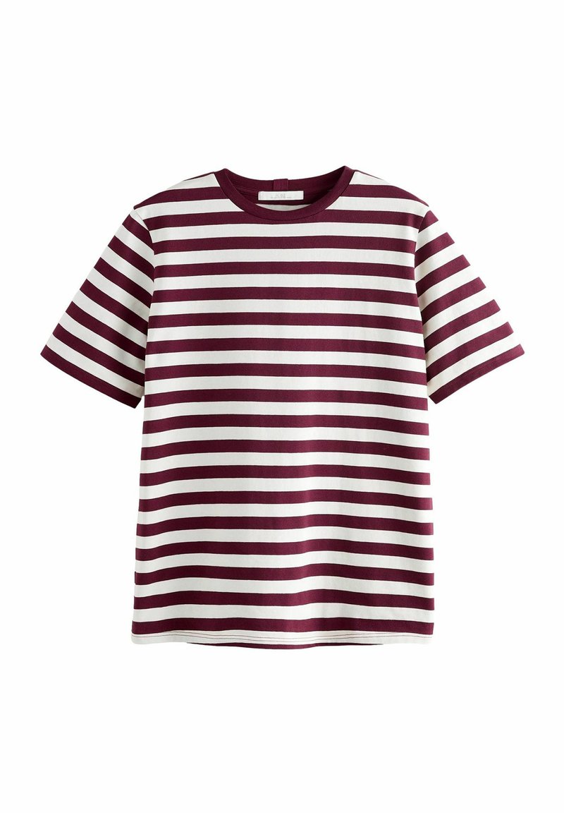 Bordeaux-rote und weiße, gestreifte kurzärmlige T-Shirt mit Rundhalsausschnitt, das gleichmäßige horizontale Streifen und eine weiche Baumwollstruktur aufweist.