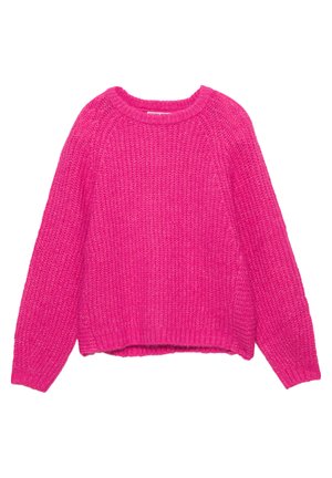 Maglione fucsia realizzato in filato strutturato, con scollo rotondo, spalle scese e orlo a coste. Vestibilità ampia con maniche lunghe.