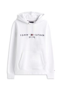 Felpa con cappuccio bianca in tessuto morbido. Presenta una tasca a marsupio, cappuccio con coulisse e il logo "TOMMY HILFIGER EST. 1985" in blu navy sul petto.