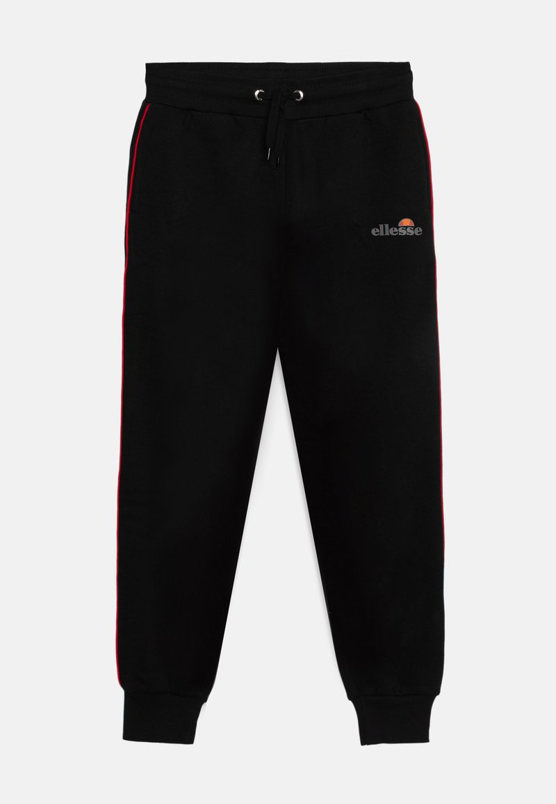 Melnas sporta bikses no mīksta auduma, ar sarkaniem sānu svītrām un elastīgu jostu ar aukliņu. Ar izšūtu logo.