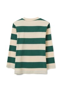 Maglietta a maniche lunghe con righe orizzontali verdi e crema. Morbido cotone con scollo tondo e taglio dritto.