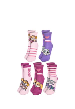 Five pairs of children's socks in pink, purple, and burgundy, each featuring cartoon dog characters and hearts or stripes as designs.