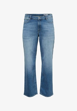 Blå straight-leg denimjeans med falmede detaljer, frontknap og lynlås, samt design med fem lommer.