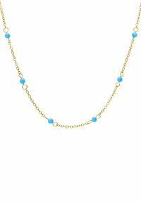 Gouden ketting met afwisselend turquoise kralen. Het ontwerp is verfijnd met een gladde textuur en een consistent schakelpatter.