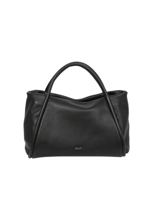 Black leather handbag with a smooth texture, curved shape, and two handles. Features minimalistic design and subtle branding on the front.