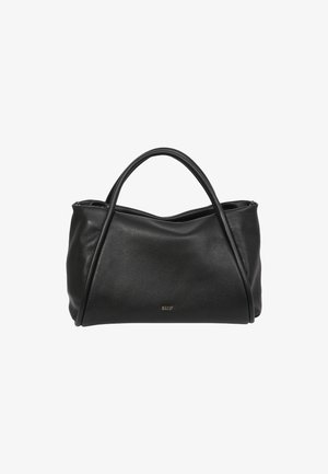 Black leather handbag with a smooth texture, curved shape, and two handles. Features minimalistic design and subtle branding on the front.