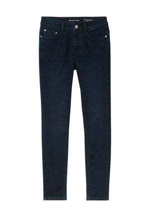 Jeans in denim blu scuro con vestibilità slim, dotati di zip, cinque tasche e delicati dettagli di cucitura. Tessuto morbido e gambe dritte.