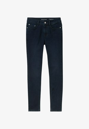 Tummansiniset farkut, joissa on kapea malli, vetoketjusuljenta, viisi taskua ja huomaamaton ommeltu yksityiskohta. Sileä pinta ja suorat lahkeet.