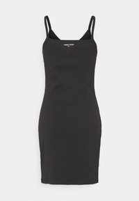 Robe mini noire sans manches en maille côtelée, avec fines bretelles et logo "Tommy Jeans" sur la poitrine, présentée sur fond uni.
