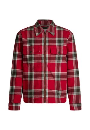 Czerwona i czarna koszulka flanelowa w kratę, z suwakiem z przodu, długie rękawy, dwie kieszenie na piersi z zatrzaskami, miękka faktura, lekki materiał.