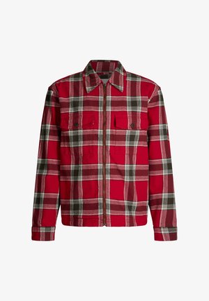 Czerwona i czarna koszulka flanelowa w kratę, z suwakiem z przodu, długie rękawy, dwie kieszenie na piersi z zatrzaskami, miękka faktura, lekki materiał.