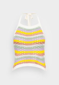 Top de punto tipo halter con rayas horizontales en amarillo, verde, rosa y lavanda, adornado con lunares blancos. Se ata en el cuello para un ajuste ajustable.
