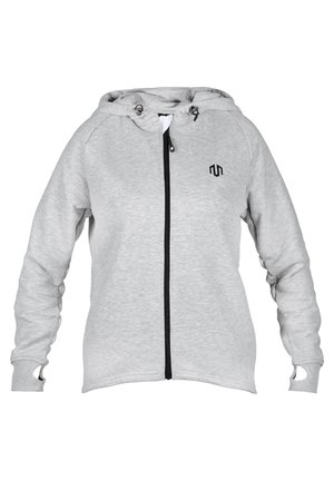 Grey sweatshirt with a black zipper, featuring a hood and two side pockets. Design includes thumbholes in the cuffs and a black logo on the chest.