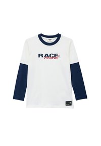 Langærmet t-shirt med hvid krop og marineblå ærmer. Har teksten "RACE" i blå og "round" i rød. Blødt stof, rund hals og logo-tag i siden.