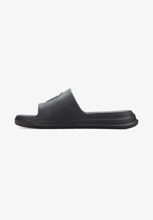 Black slide sandal made of matte rubber, featuring an open toe design and a textured footbed. The sole is flat with subtle grooving.