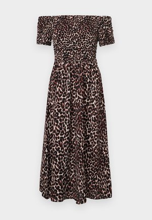 Váll nélküli, leopárdmintás ruha, smockolt mellrésszel, rövid puffos ujjakkal és lebegő szoknyával. Túlnyomórészt fekete és homokszínű.