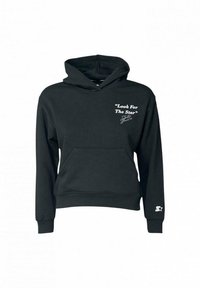 Schwarzer Kapuzenpullover mit Fronttasche, weißer Text "Look For The Star" auf der linken Brust und kleinem Stern-Logo am linken Ärmelbündchen.