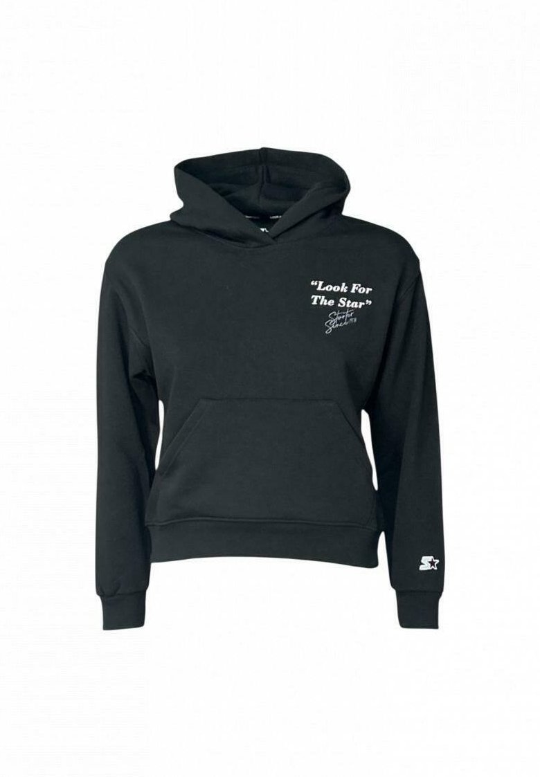 Schwarzer Kapuzenpullover mit Fronttasche, weißer Text "Look For The Star" auf der linken Brust und kleinem Stern-Logo am linken Ärmelbündchen.