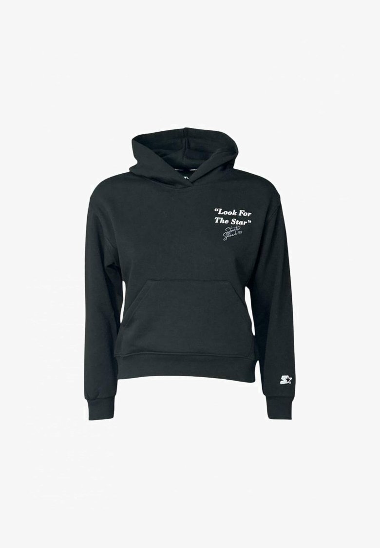 Schwarzer Kapuzenpullover mit Fronttasche, weißer Text "Look For The Star" auf der linken Brust und kleinem Stern-Logo am linken Ärmelbündchen.
