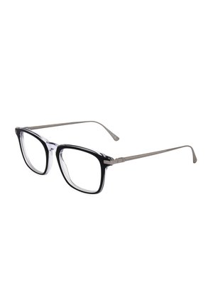 Montature rettangolari per occhiali da vista nere e trasparenti con sottili aste metalliche e punte curve, visualizzate su uno sfondo bianco.