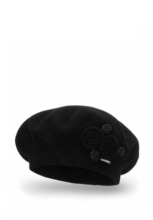 Béret en laine noire avec trois accents en spirale texturés et une petite étiquette en métal, de forme lisse et arrondie.