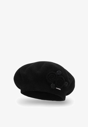 Black wool beret featuring three textured spiral accents and a small metal logo tag, with a smooth and rounded shape.