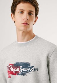 Sudadera de algodón gris con cuello redondo, que presenta un gráfico de pinceladas coloridas y el logo de "Pepe Jeans". Textura suave.
