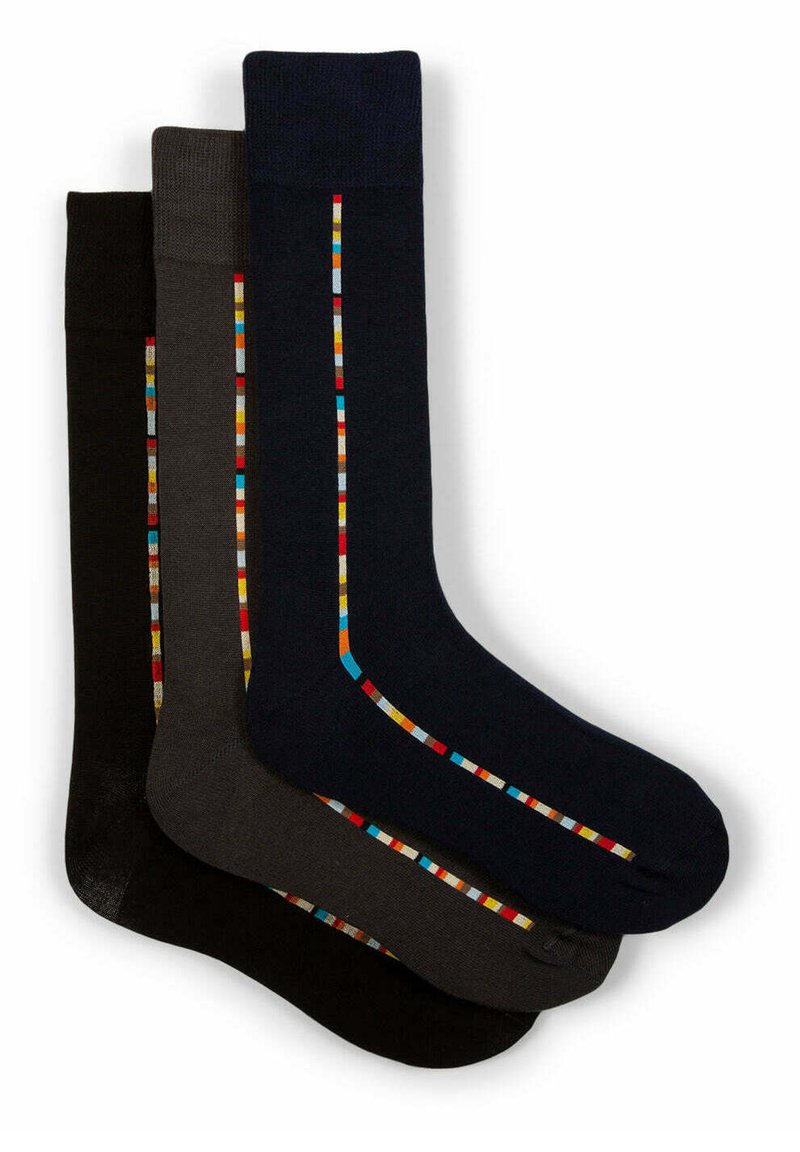 Tre paia di calze in nero, grigio scuro e blu navy, con motivi a strisce colorate sui lati. Realizzate in un materiale morbido ed elastico.