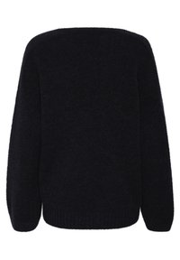 Maglione nero, oversize, con una texture morbida, scollatura quadrata ampia e maniche lunghe. Presenta un orlo e polsini a costine.