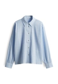 Camicia button-up azzurra chiara con un motivo testurizzato, dotata di colletto, maniche lunghe e bottoni tono argento lungo la parte anteriore.