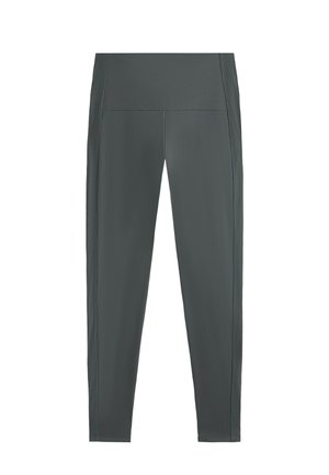 Tajice u tamno sivoj boji, izrađene od glatkog, rastezljivog materijala. Imaju visoki pojas i teksturirane bočne panele kao dodatni detalj.