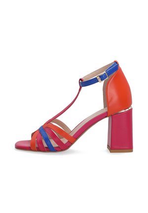 Colorful high-heeled sandal featuring pink, orange, and blue leather straps, an open toe design, and a chunky block heel.