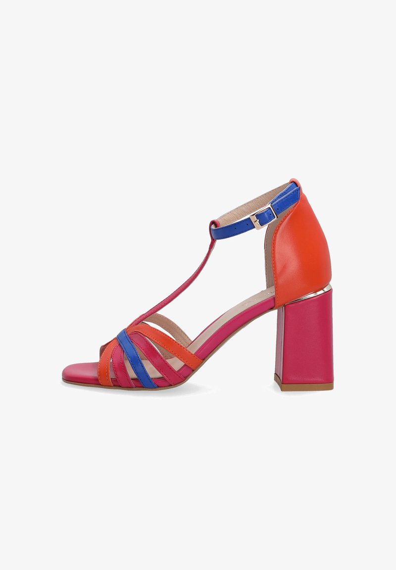 Colorful high-heeled sandal featuring pink, orange, and blue leather straps, an open toe design, and a chunky block heel.