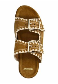 Brown suede sandal with double adjustable buckles, zigzag stitching pattern, open toe, and soft textured insole.