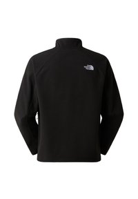 Μαύρο φλις μπουφάν με ψηλό γιακά, μανίκια ραγκλάν και μικρό λευκό λογότυπο στο επάνω μέρος της πλάτης. Λείο ύφασμα, casual σχεδιασμός.