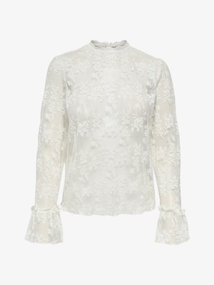 Blusa bianca a maniche lunghe con motivo floreale in pizzo testurizzato, polsini arricciati e collo alto. Tessuto semi-trasparente che conferisce un aspetto delicato.