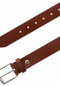 Cintura in pelle marrone con una fibbia in argento lucido, caratterizzata da fori distanziati in modo uniforme e un piccolo accento metallico vicino alla fibbia.