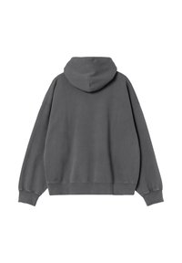 Szara, oversize'owa bluza z kapturem wykonana z miękkiego materiału. Posiada kaptur, długie rękawy oraz ściągacz na dole. Prosty, gładki design bez widocznych wzorów.