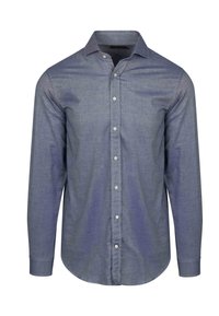 Heren langemouwen knopen shirt. Gemaakt van geweven stof in donkerblauw met een subtiele textuur. Beschikt over een klassieke kraag en een knoopsluiting aan de voorkant.