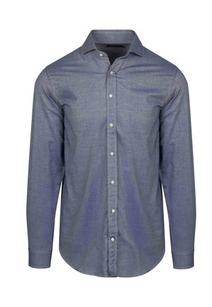 Heren langemouwen knopen shirt. Gemaakt van geweven stof in donkerblauw met een subtiele textuur. Beschikt over een klassieke kraag en een knoopsluiting aan de voorkant.