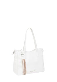 Borsa tote in finta pelle bianca con finitura testurizzata, doppi manici e una tracolla decorativa con dettaglio logo beige.