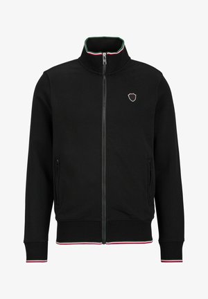 Schwarze Zip-Up-Jacke mit hohem Kragen, kontrastierenden rot und grün gestreiften Akzenten am Kragen und an den Bündchen sowie zwei Seitentaschen.