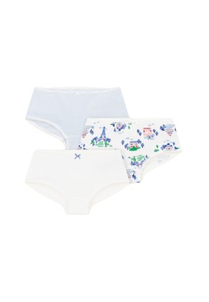 Drei Mädchen Baumwollslips in Weiß, hellblauen Streifen und Weiß mit blauen Paris-Motiven, jeweils mit einer kleinen Schleife am Bund.