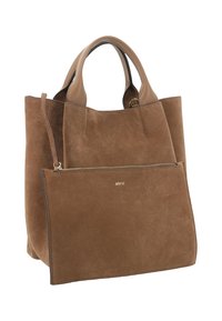Brown suede tote bag with leather handles. Features a detachable, zippered pouch in matching material. Simple design, no visible patterns.