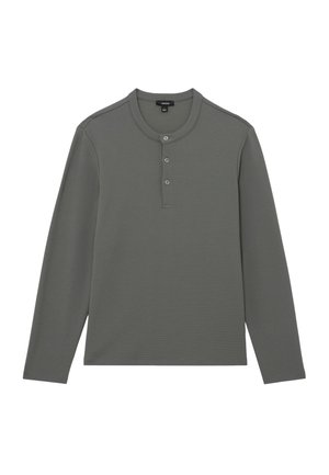 Mørkegrå langærmet Henley-trøje med tre knapper og tekstureret stof.