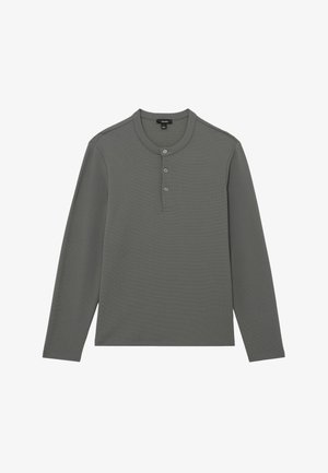 Tamsiai pilka ilgarankovė Henley marškinėliai su trimis sagomis ir tekstūruota medžiaga.