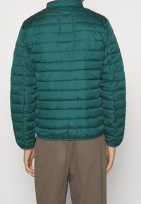 Green puffer jacket with a quilted design, long sleeves, and a high collar. Features elastic cuffs and a smooth, shiny texture.
