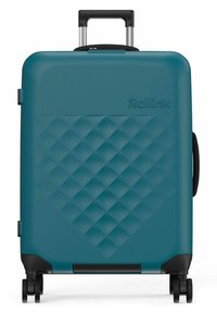 Valise rigide teal avec texture en diamant, roues noires et poignée rétractable ; marquée du logo "Rollink".