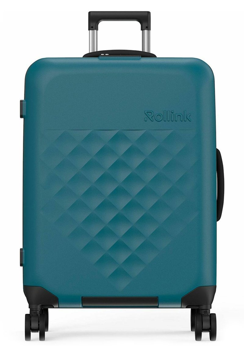 Valise rigide teal avec texture en diamant, roues noires et poignée rétractable ; marquée du logo "Rollink".